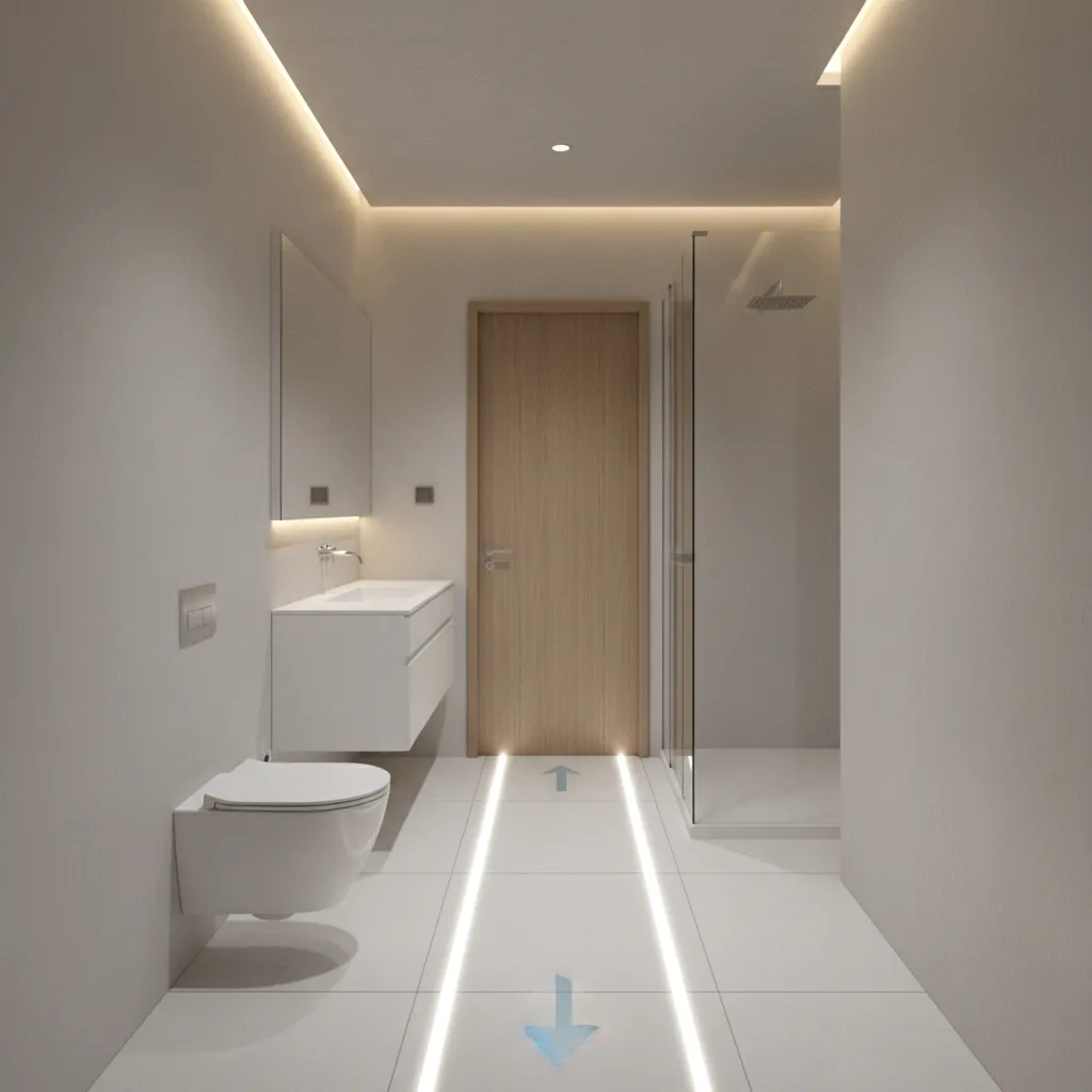 movement path through narrow bathroom layout showing linear circulation