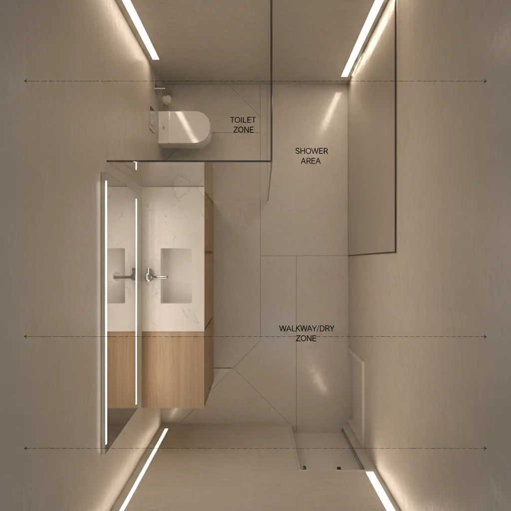 Bathroom floor plan showing offset vanity placement in narrow layout