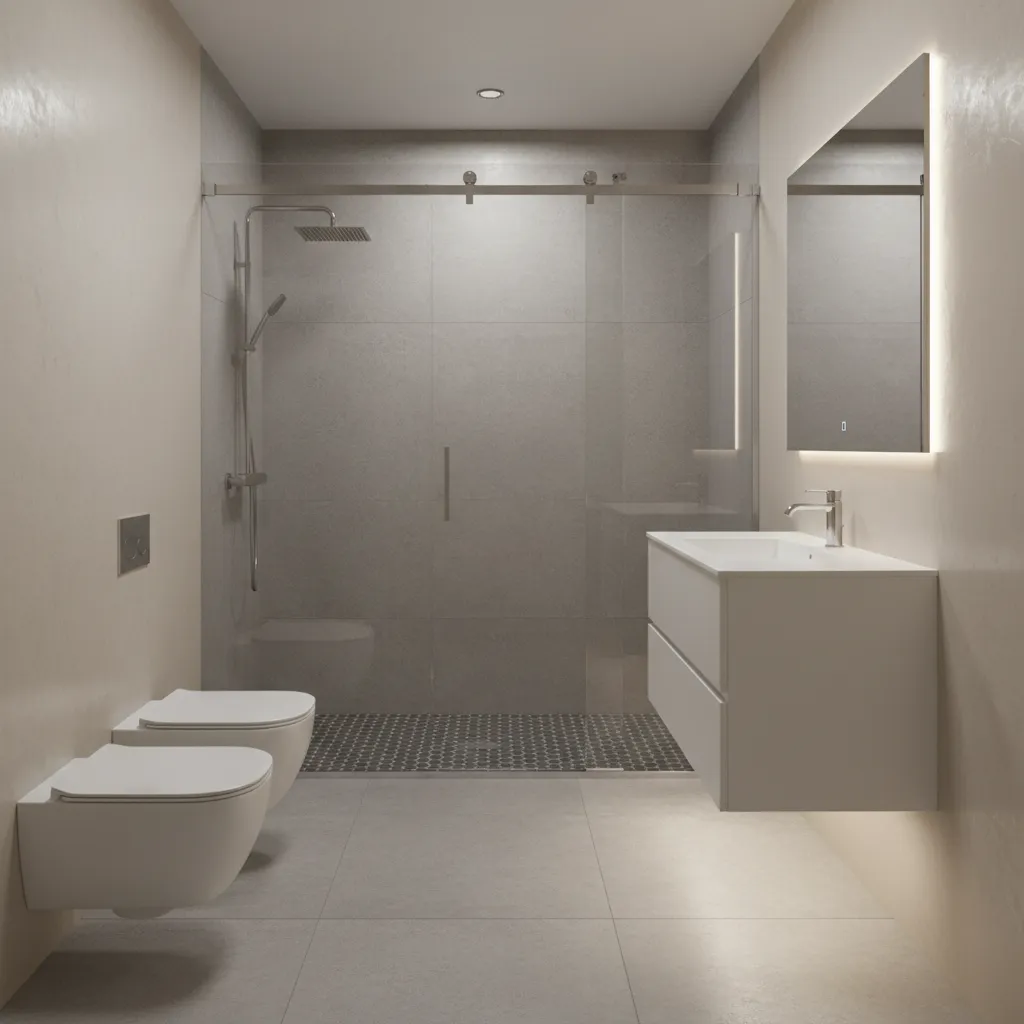 Narrow bathroom shower layout with sliding glass door at end wall