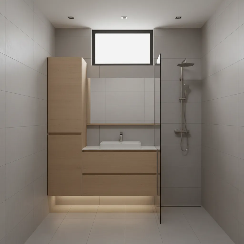 Slim 5x12 bathroom layout showing vertical storage cabinet and floating vanity