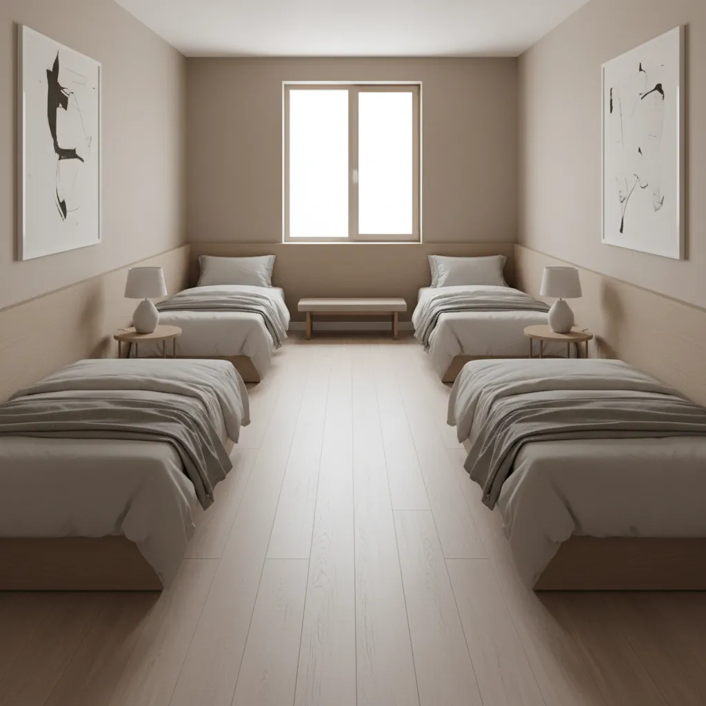 Narrow bedroom with twin beds placed along walls