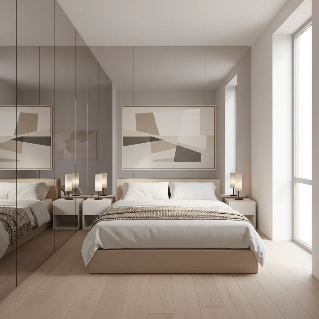 narrow bedroom using mirrors and horizontal design to appear wider