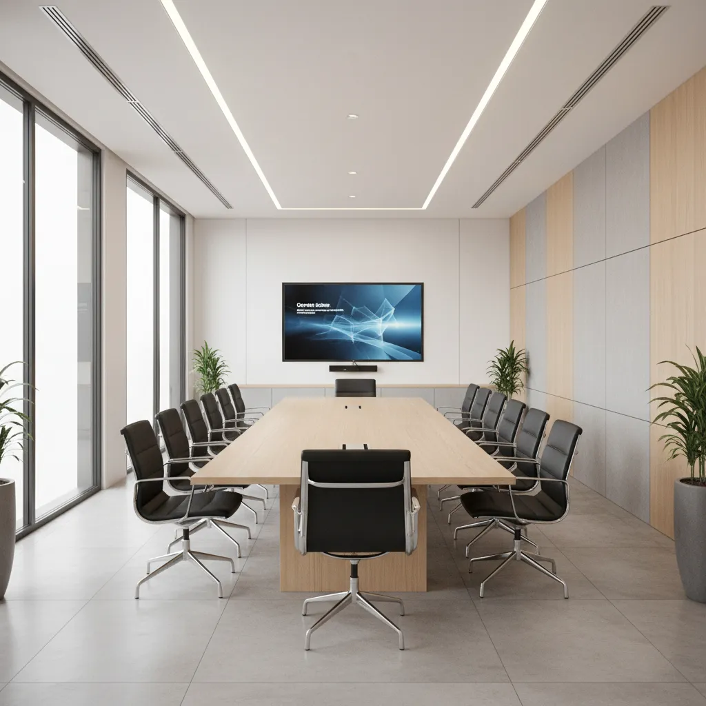 Narrow boardroom table layout optimized for tight office space