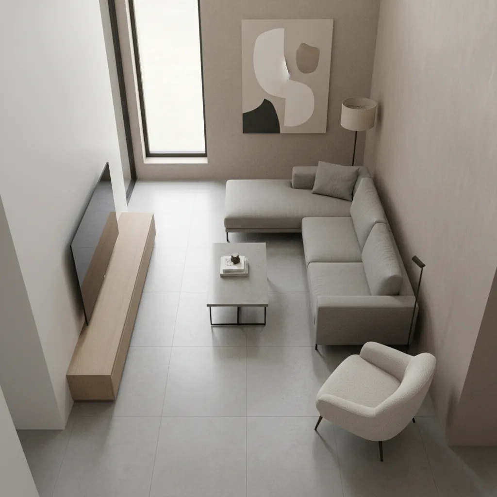 rectangular narrow coffee table maintaining walking space in a small living room