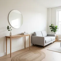 Minimalist living room with wooden console table, round wall mirror, grey sofa, and green plants