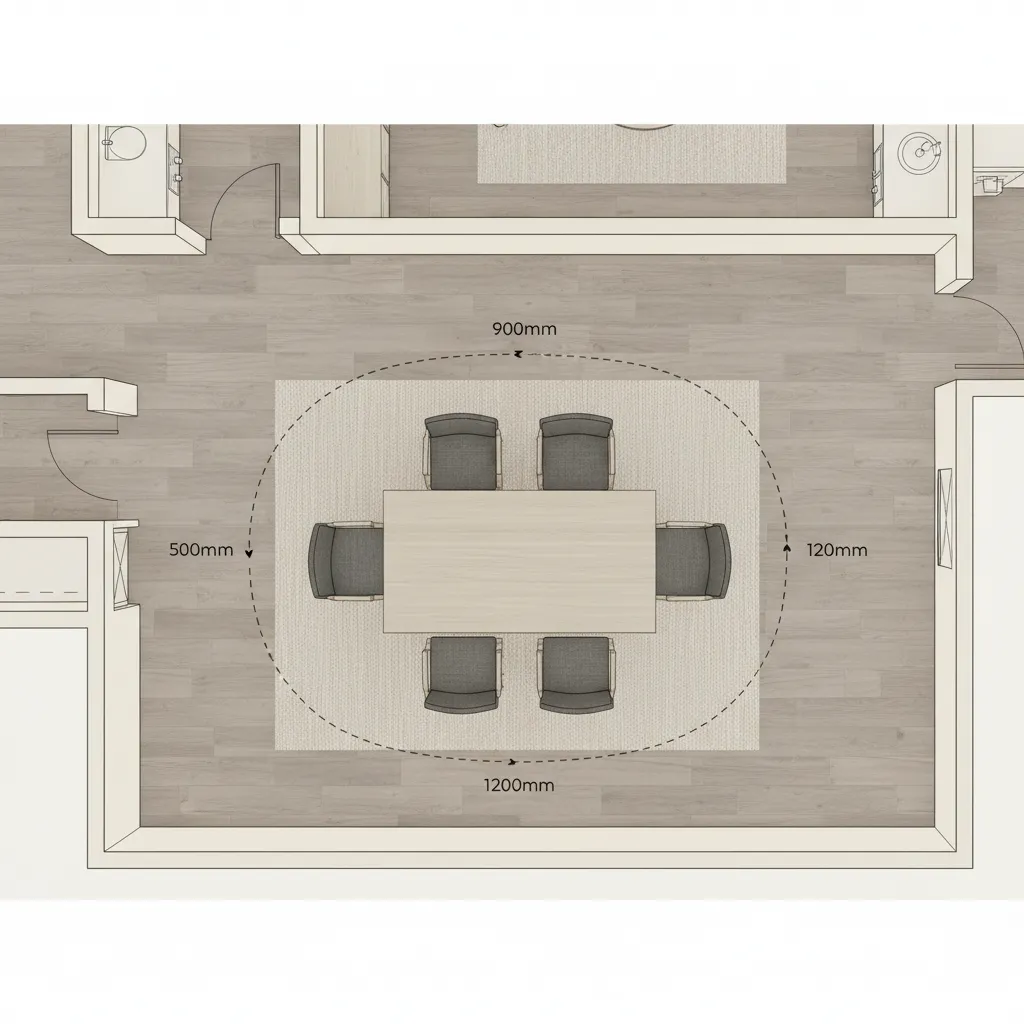 Dining table clearance diagram showing chair space and walkway