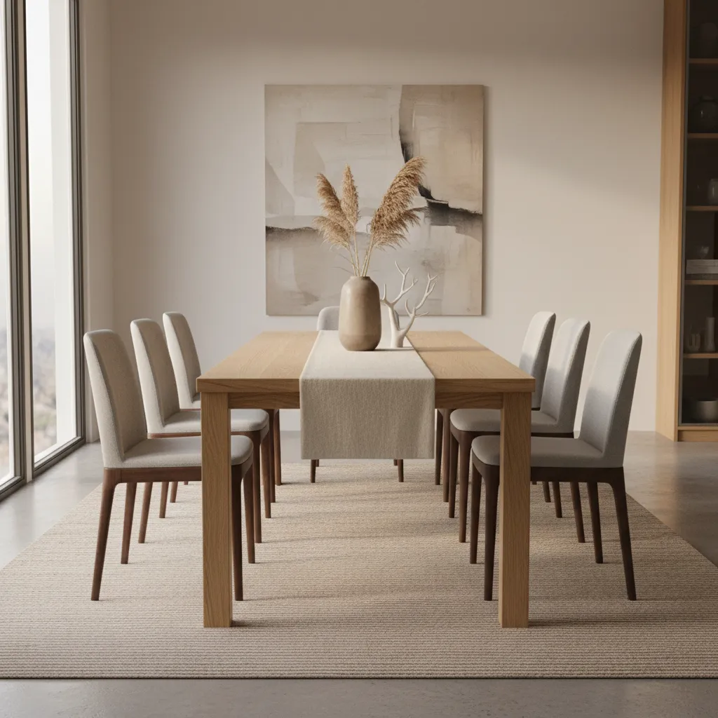 narrow dining table styled with a tall vase and minimal centerpiece