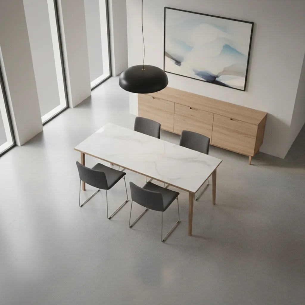 Diagram style interior showing circulation space around a slim dining table