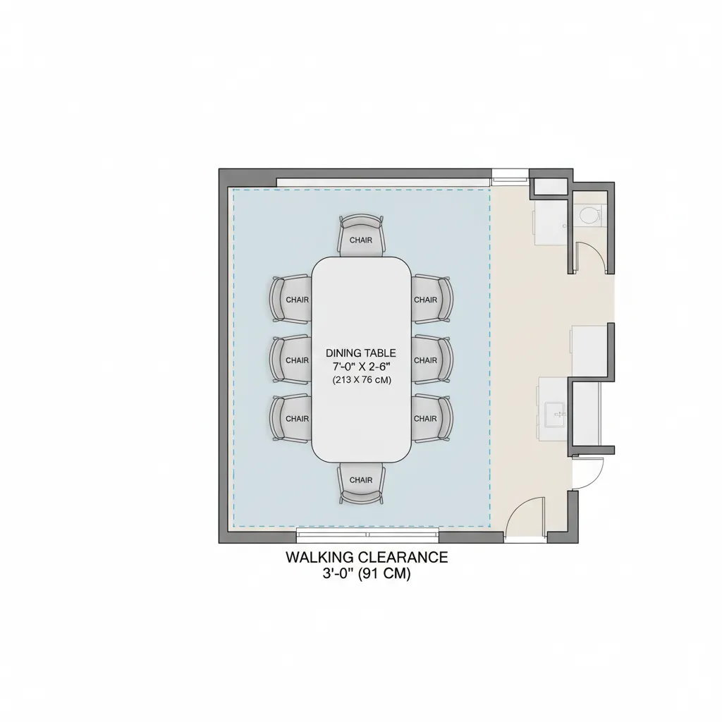 diagram showing clearance space around a narrow dining table
