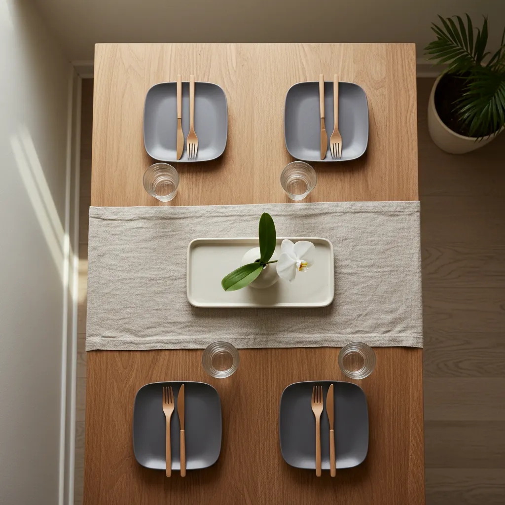 Place setting arrangement on a narrow dining table using trays and placemats