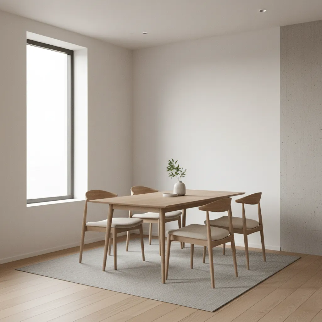 narrow dining table placed in a compact apartment dining area