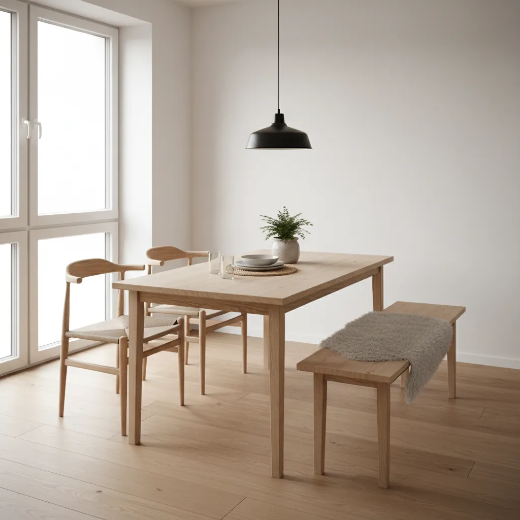 Compact apartment dining area with a narrow rectangular table