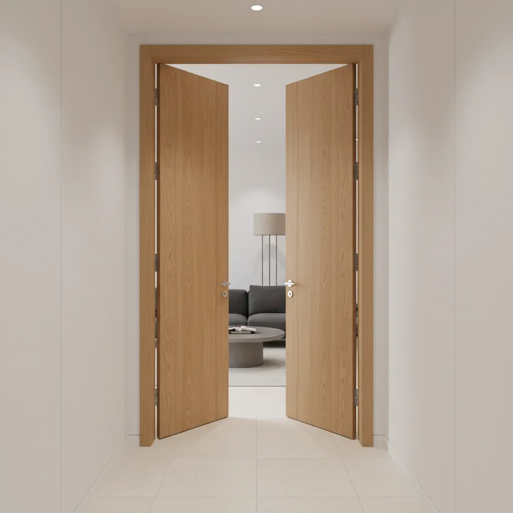 double doors installed in a narrow interior doorway