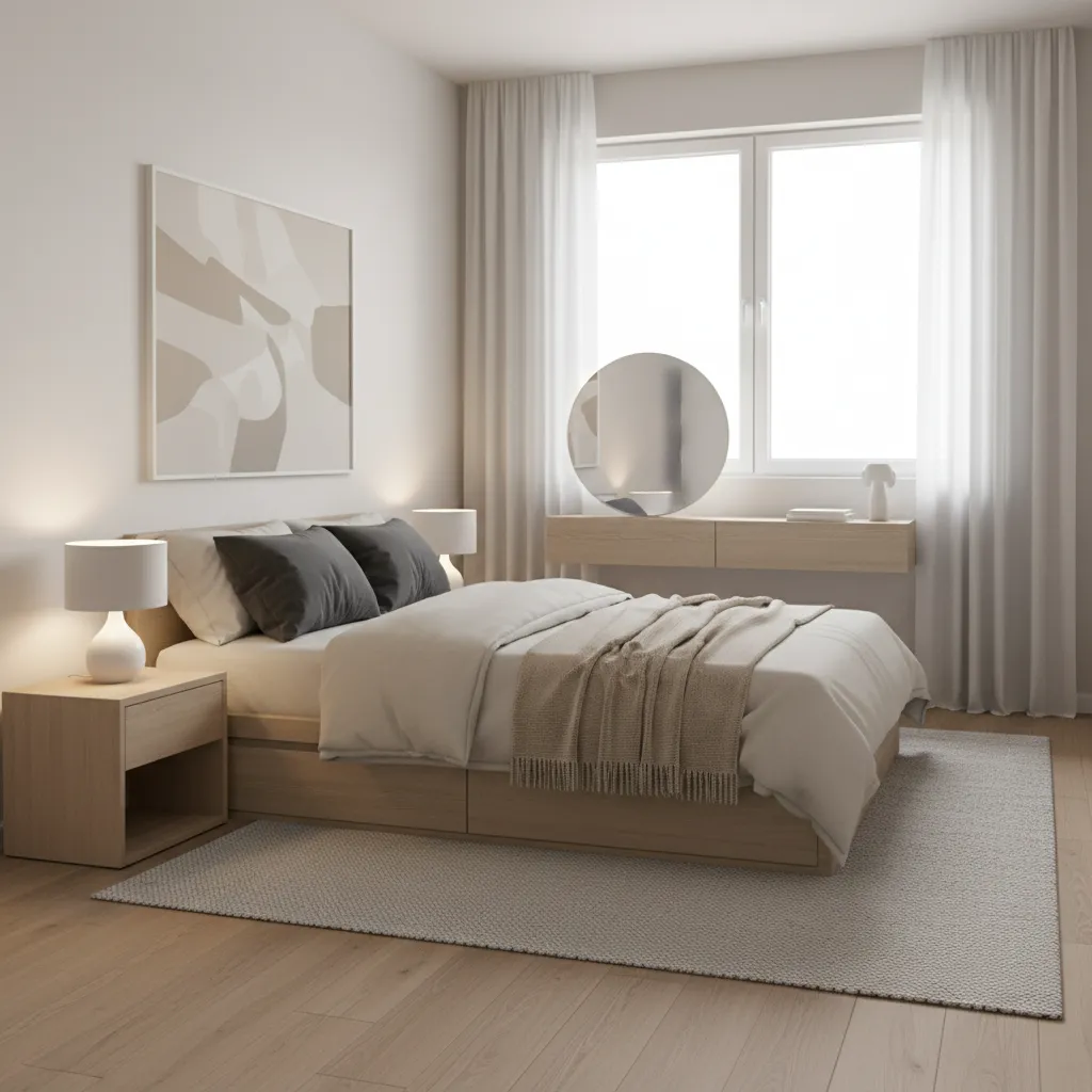 shallow dresser and compact nightstand in a small bedroom layout