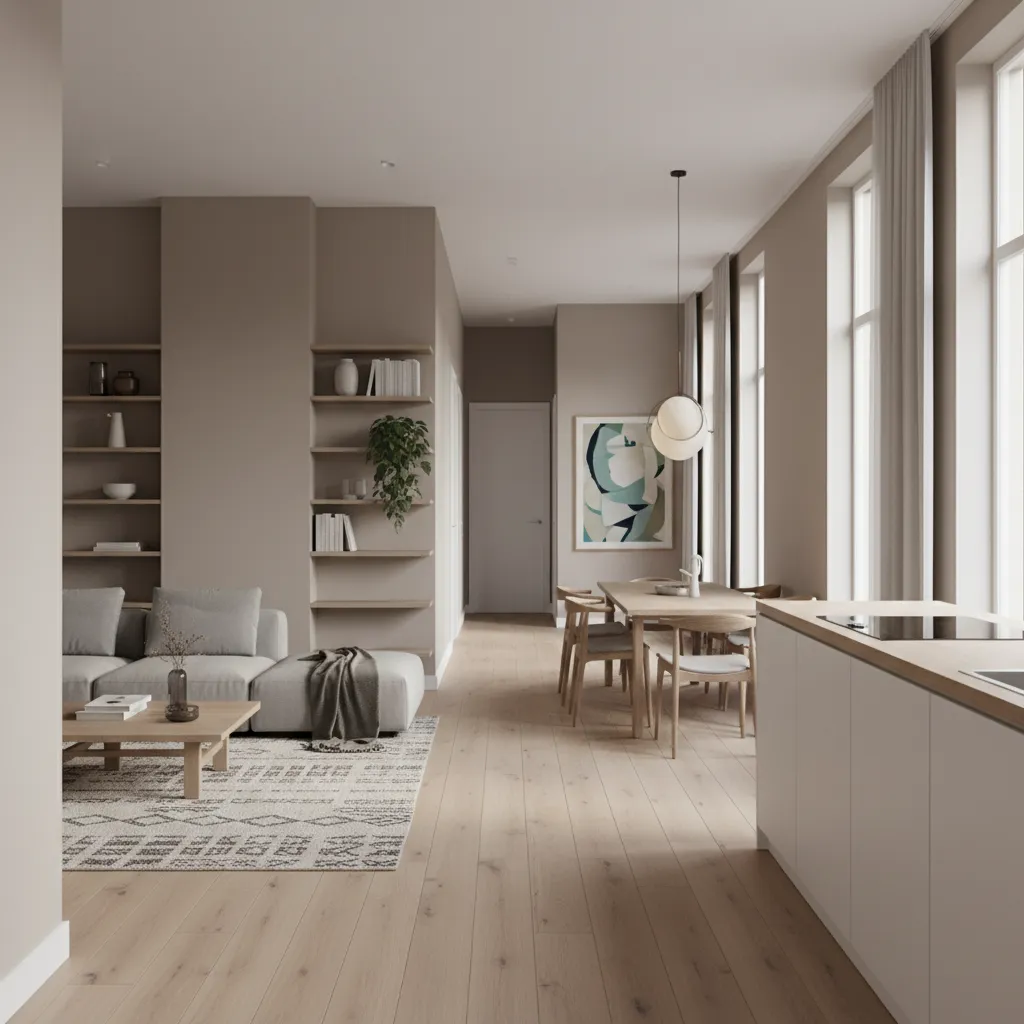 Long narrow Dutch interior showing efficient room zoning and minimal partitions