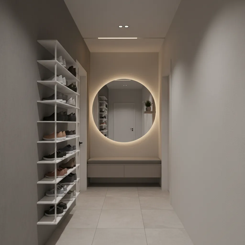 narrow hallway entryway with slim wall mounted shoe rack layout