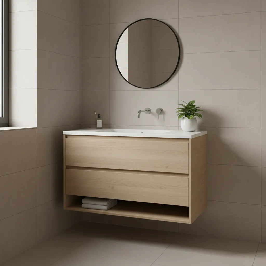 floating narrow vanity with small sink in compact bathroom