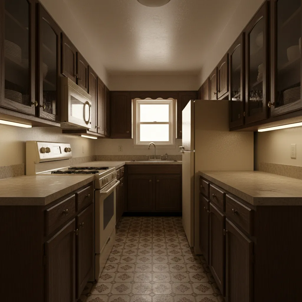 outdated narrow galley kitchen with dark cabinets and limited lighting