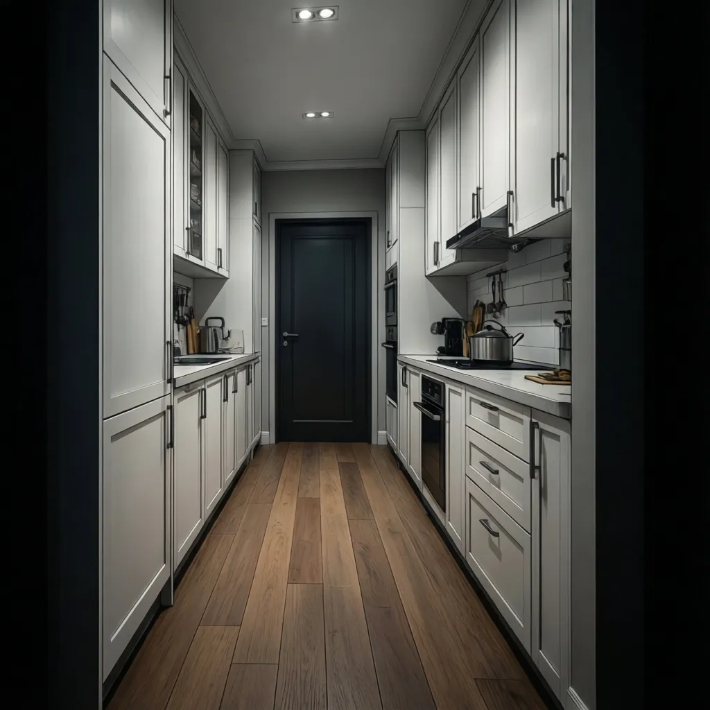 Example of a narrow 10 foot galley kitchen layout with cabinets on both sides