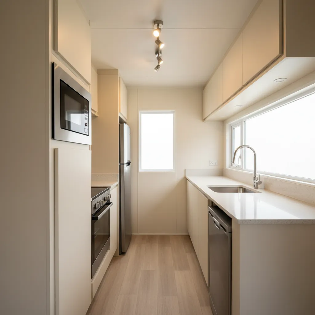 Narrow galley kitchen layout inside a mobile home with efficient cabinets