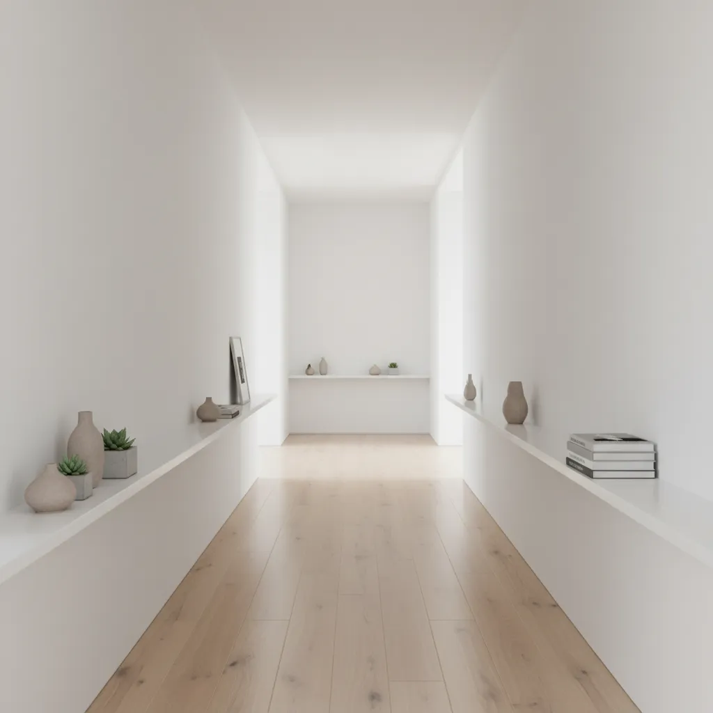 Minimal floating shelves installed along a narrow hallway wall