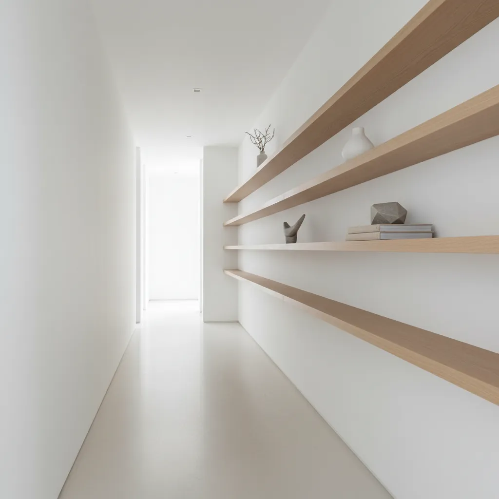 Narrow hallway with shallow floating shelves along one wall