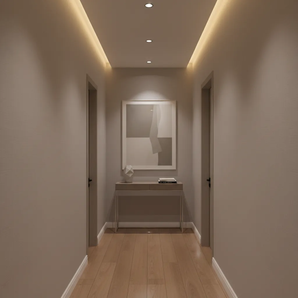 narrow hallway with recessed lights and wall sconces creating balanced lighting