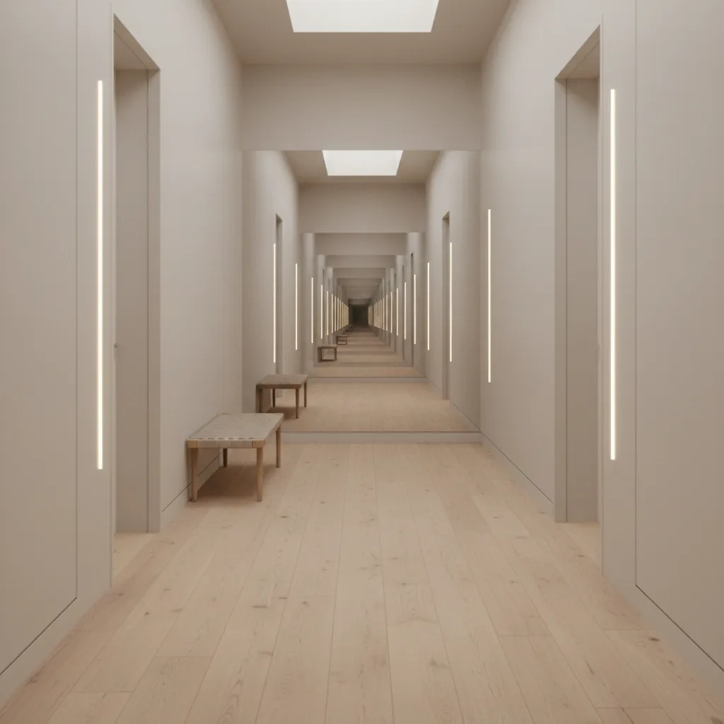 bright narrow hallway with mirror and continuous flooring making space appear larger