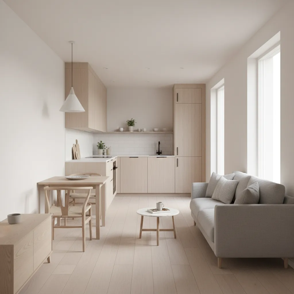 Open concept living room and kitchen in a narrow 16x40 small home