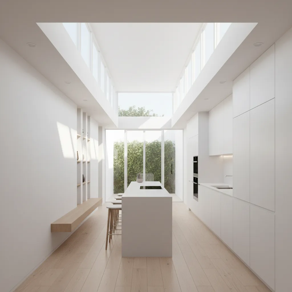 narrow home interior with skylights and clerestory windows improving natural light