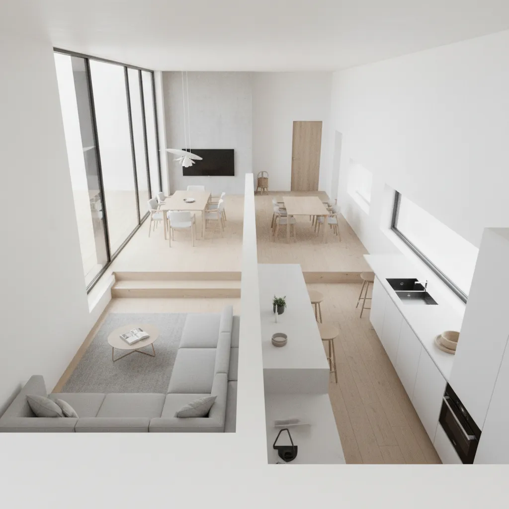 diagram style interior view showing improved traffic flow in a narrow house