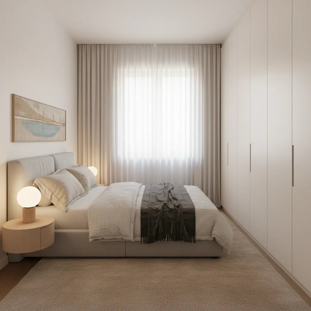 Narrow simple bedroom with grey bed white wardrobe light curtains and round wooden bedside lamps