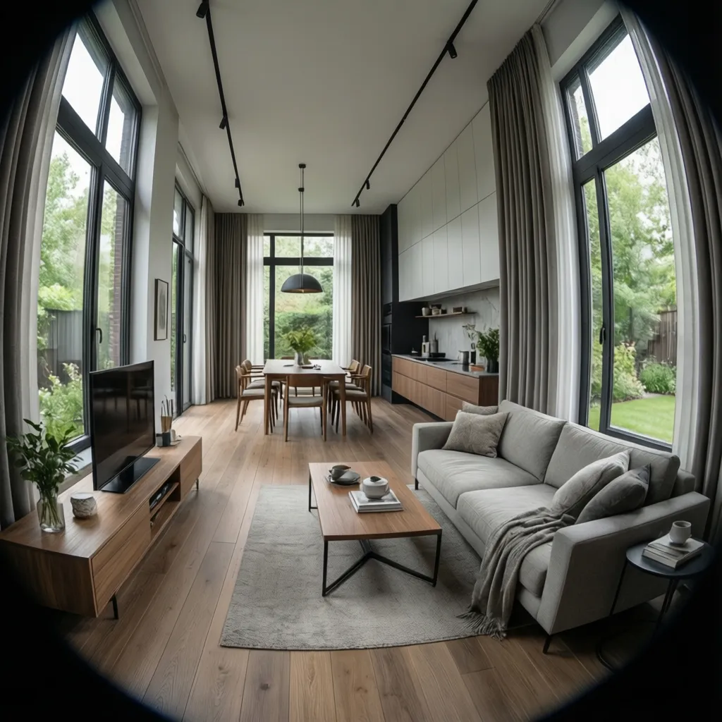 Open interior layout showing circulation flow in a narrow house