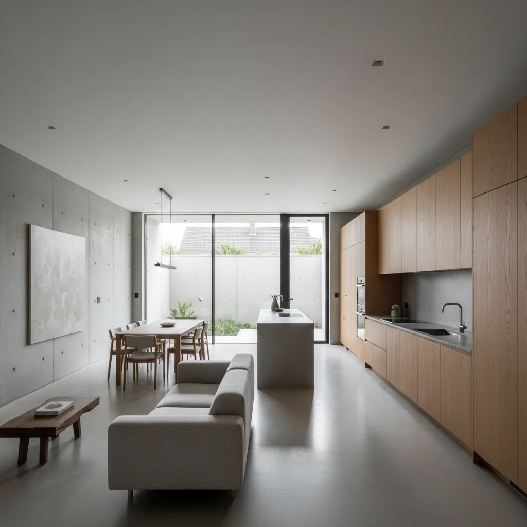 Interior de casa angosta con sala comedor y cocina integrados