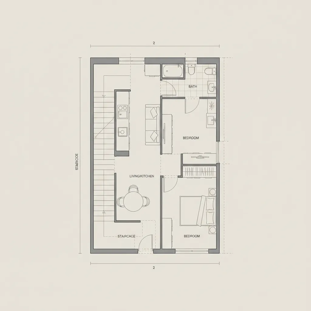 Narrow two meter wide floor plan with two bedrooms bathroom kitchen living area and side staircase