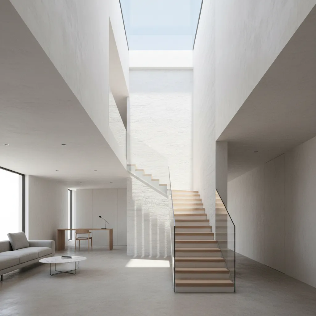 Narrow house interior with open staircase allowing natural light through floors