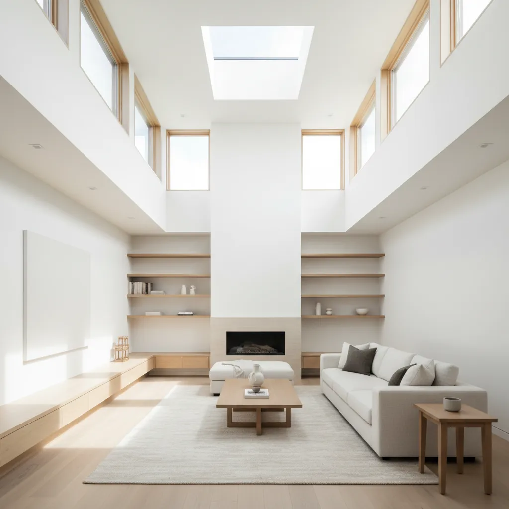 Clerestory windows and skylight lighting inside a narrow small house