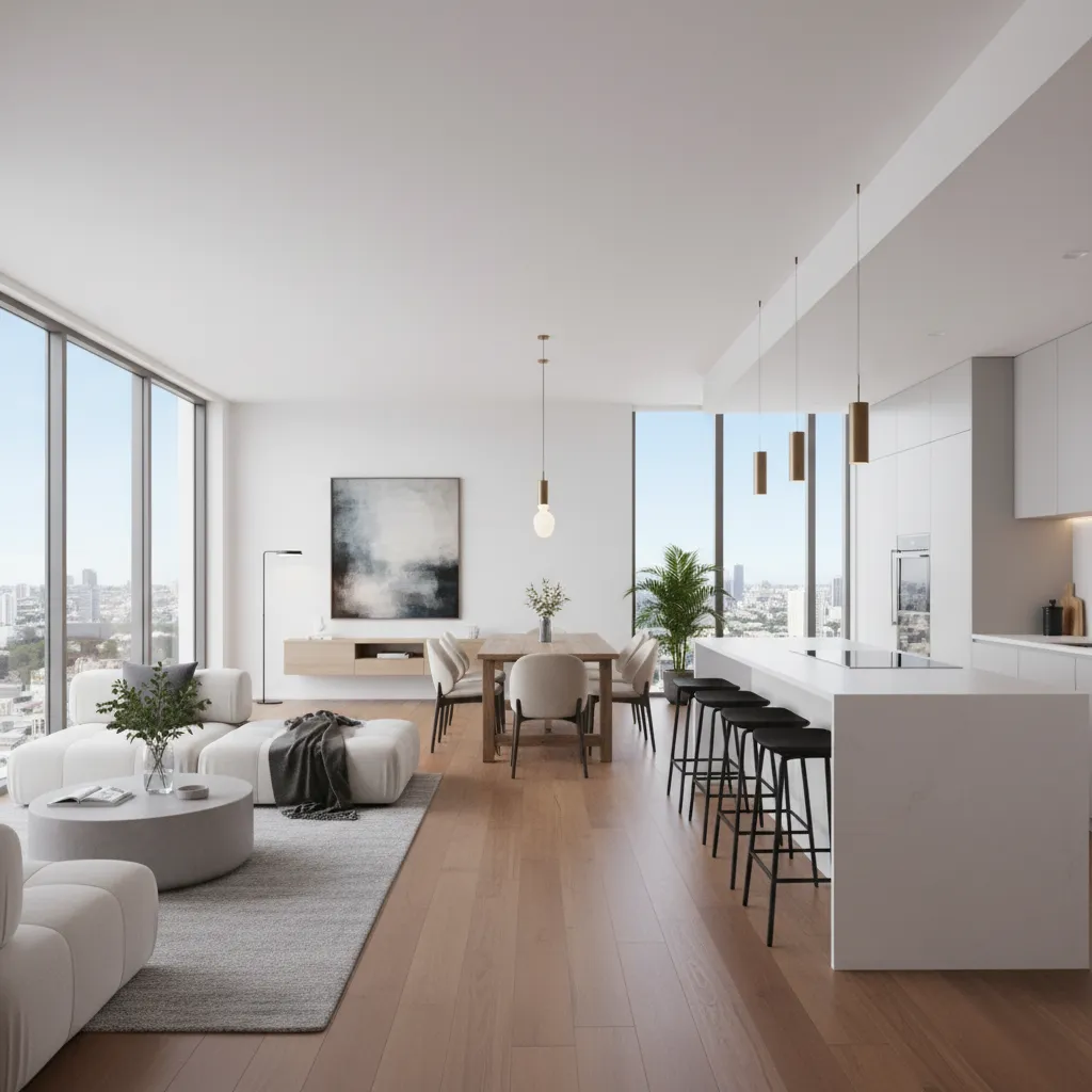 Sala moderna en casa estrecha con distribución abierta
