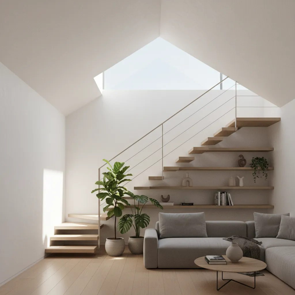 Minimalist interior design drawing showing grey sofa wooden stairs wall shelves plants and roof window