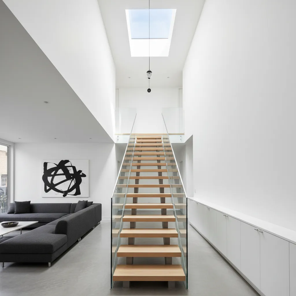 Skylight above staircase bringing light into a narrow townhouse interior