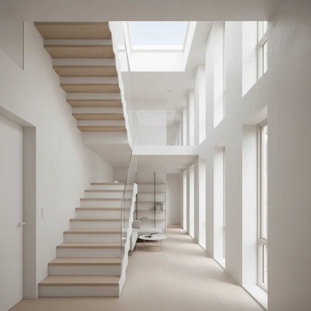 narrow house interior showing cross ventilation and skylight lighting strategy