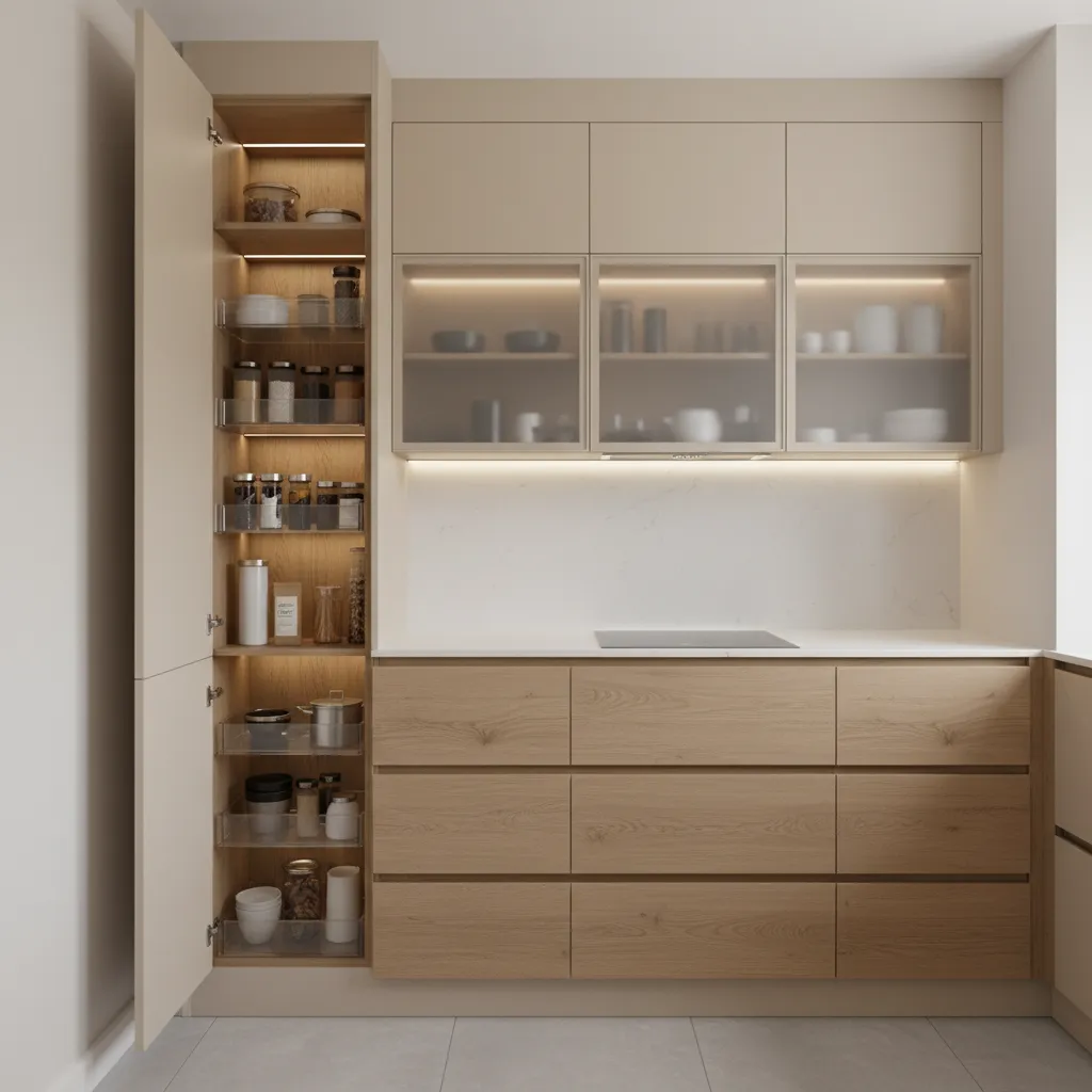 Narrow kitchen cabinet configuration with drawer stacks and tall pantry storage