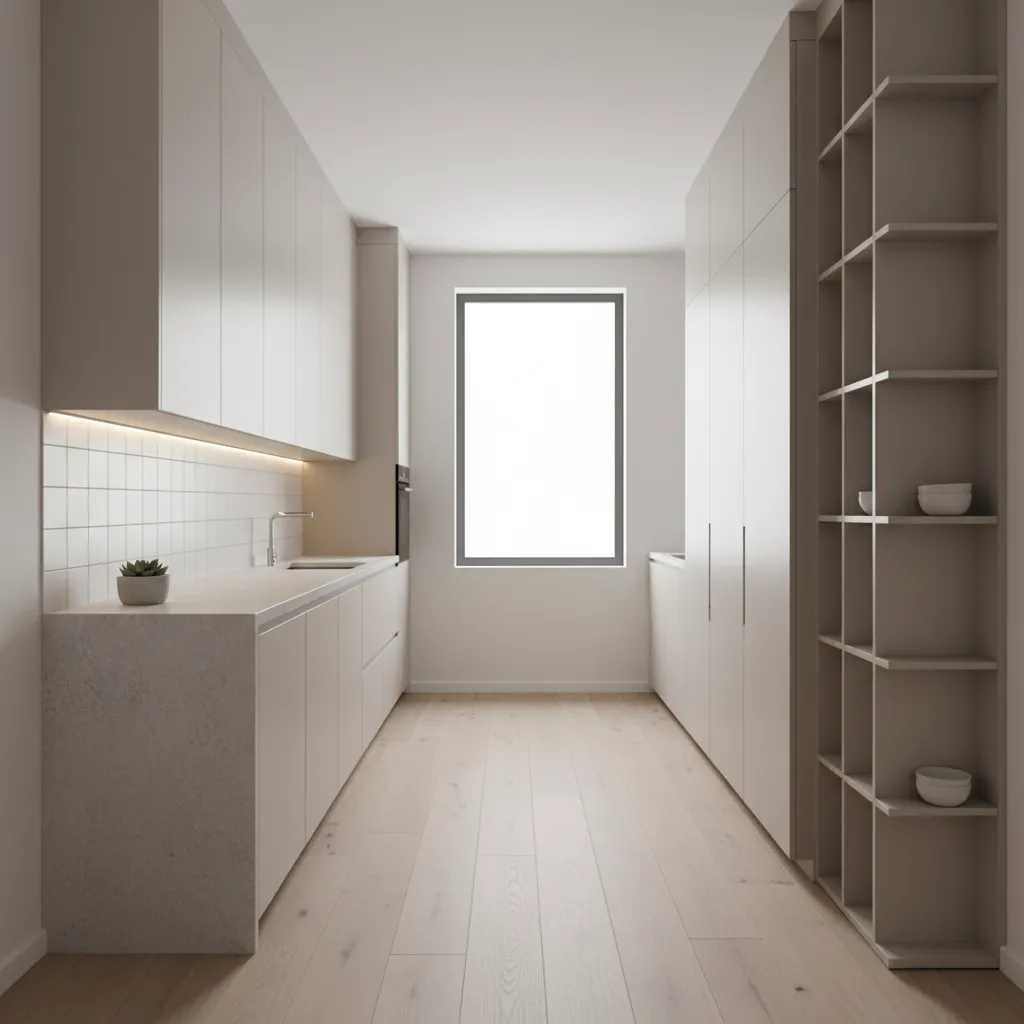 narrow kitchen with shallow cabinets improving walking space