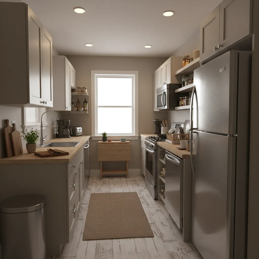 crowded narrow kitchen layout with tight spacing between appliances
