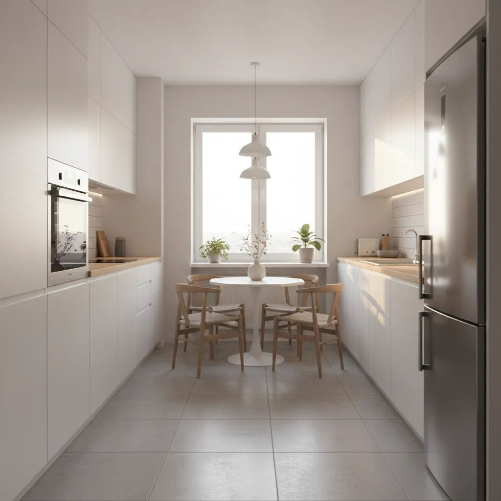 Narrow galley kitchen with a compact hexagon dining table near the wall
