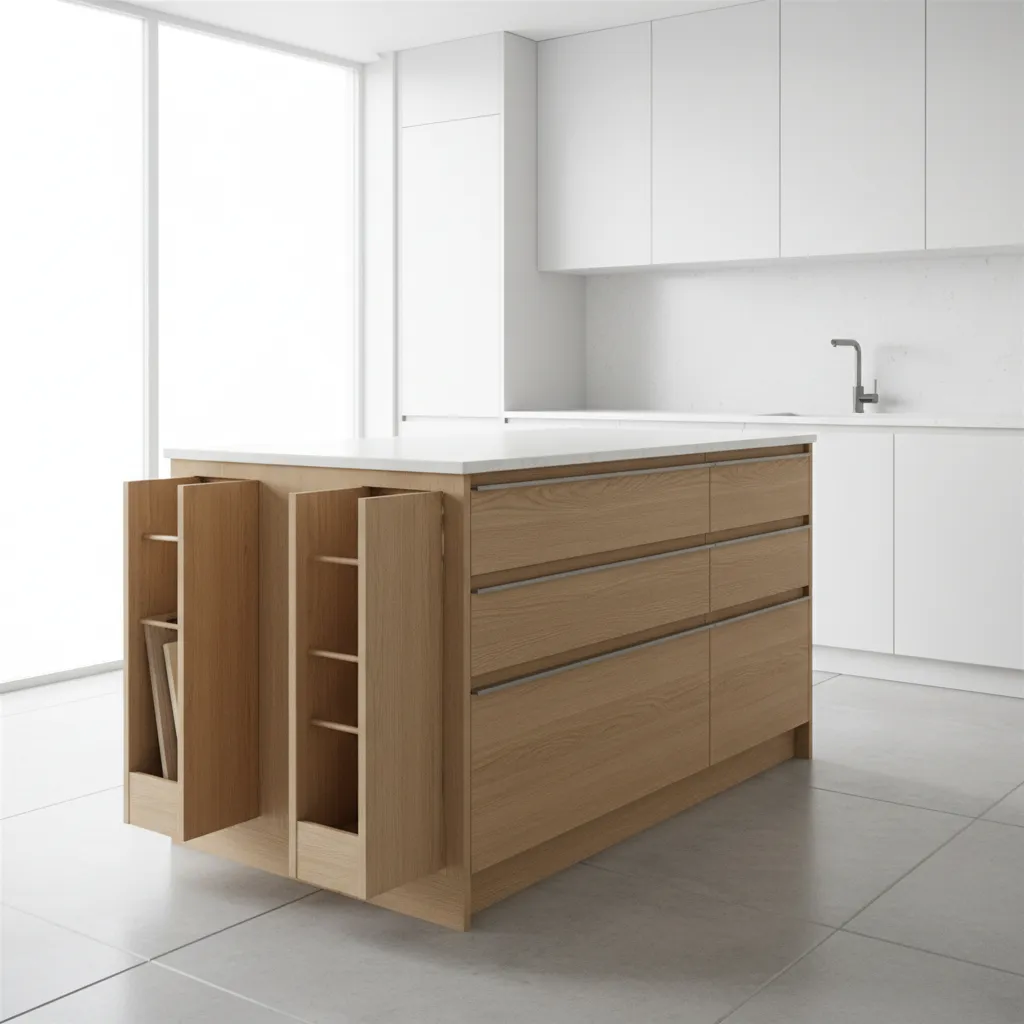 Narrow kitchen island with slim pull out cabinets and vertical tray storage