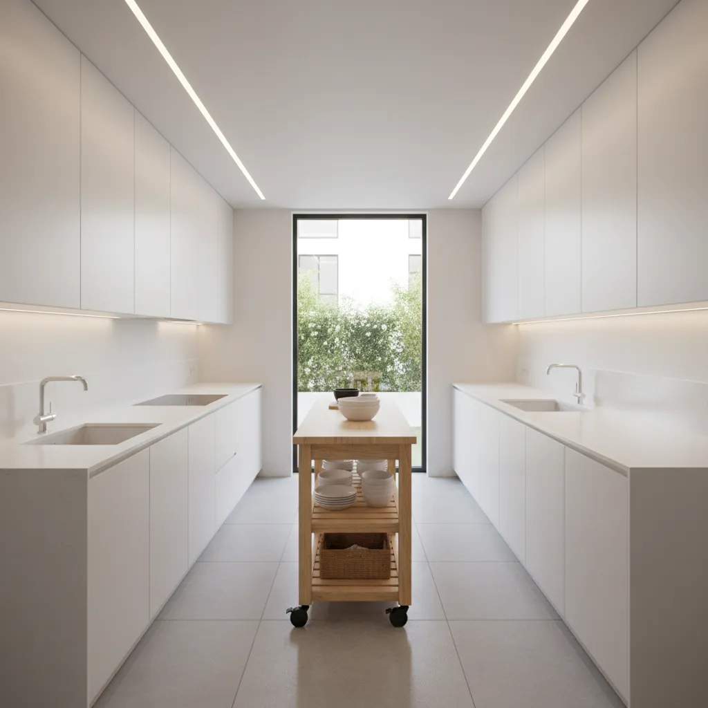 narrow kitchen island cart layout in a small galley kitchen