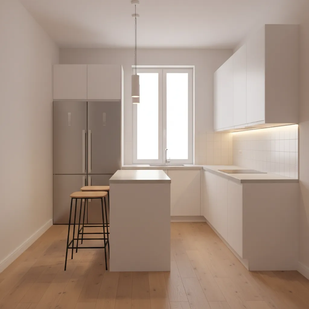 Narrow kitchen island with two stools in small kitchen layout