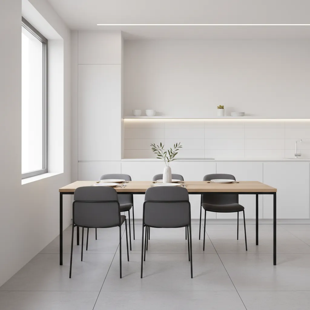 narrow dining table with four chairs in a small kitchen layout