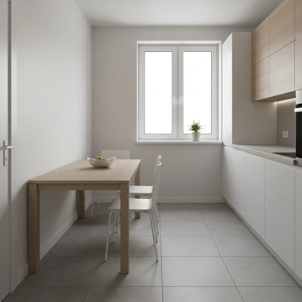 small apartment kitchen with narrow rectangular dining table and limited walking space